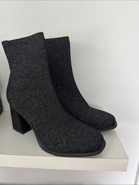 Women's Mia Black Sparkle Block Heel Sock Boot